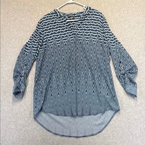 Renuar Blue and White Graphic Blouse with Mandarin Collar